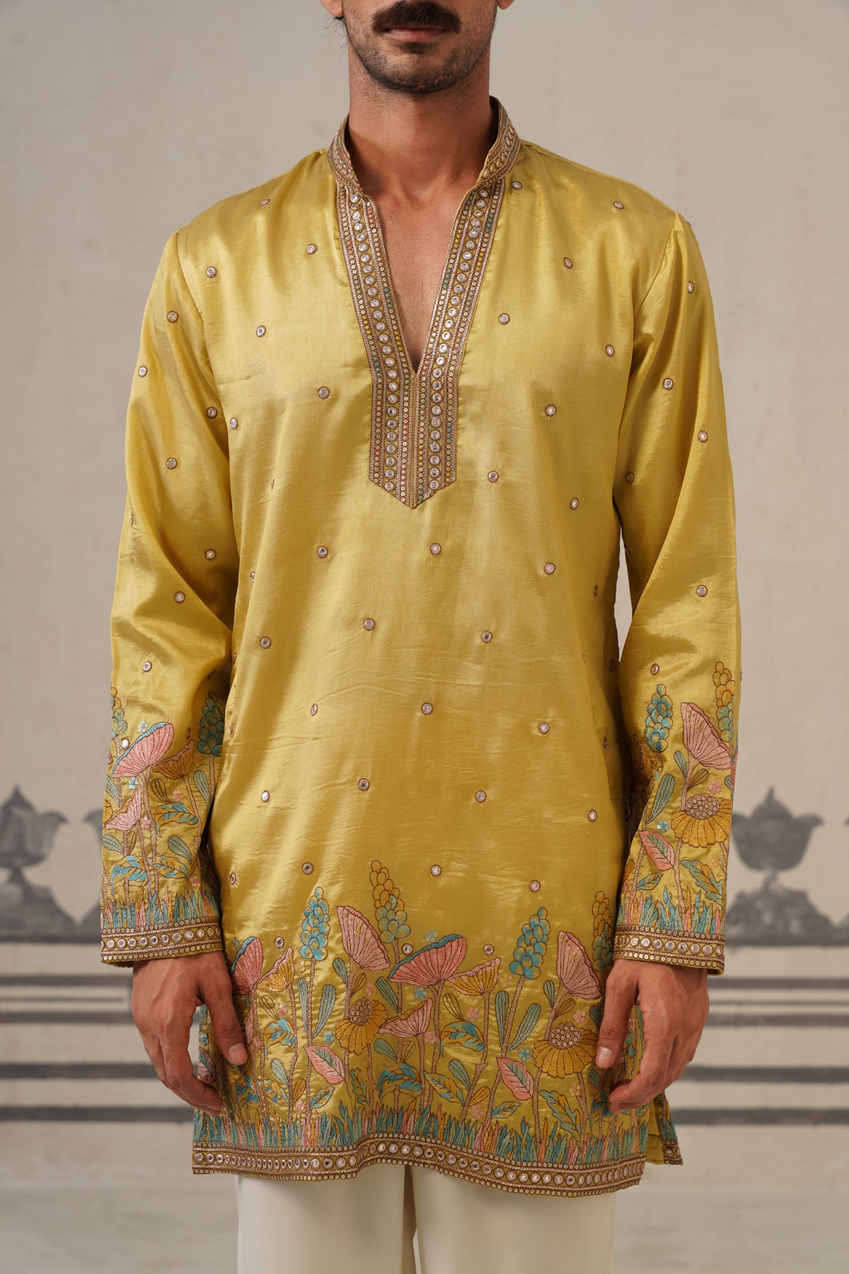 Mustard Floral V Neck Kurta Set
