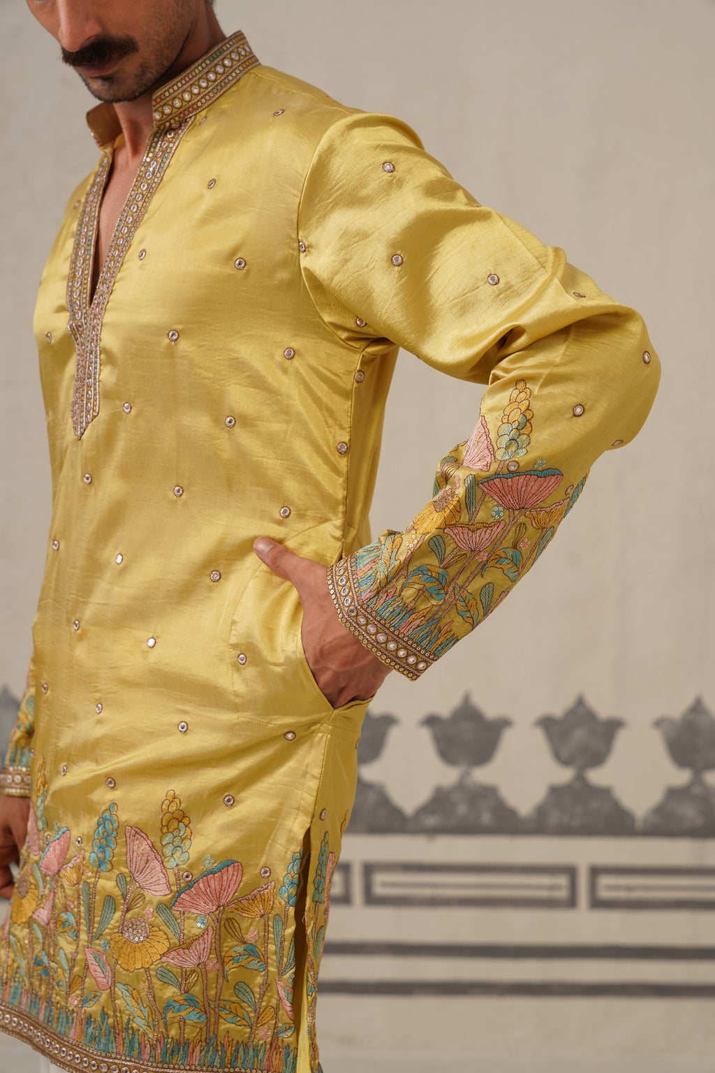 Mustard Floral V Neck Kurta Set