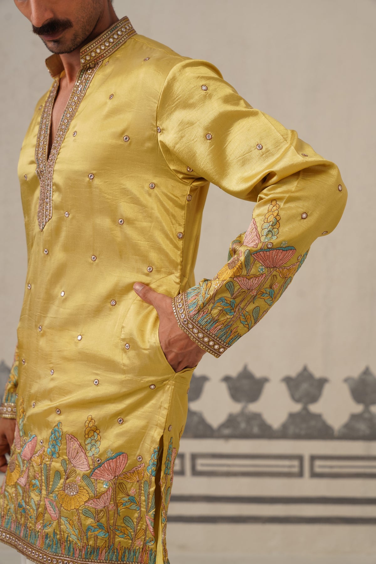 Mustard Floral V Neck Kurta Set