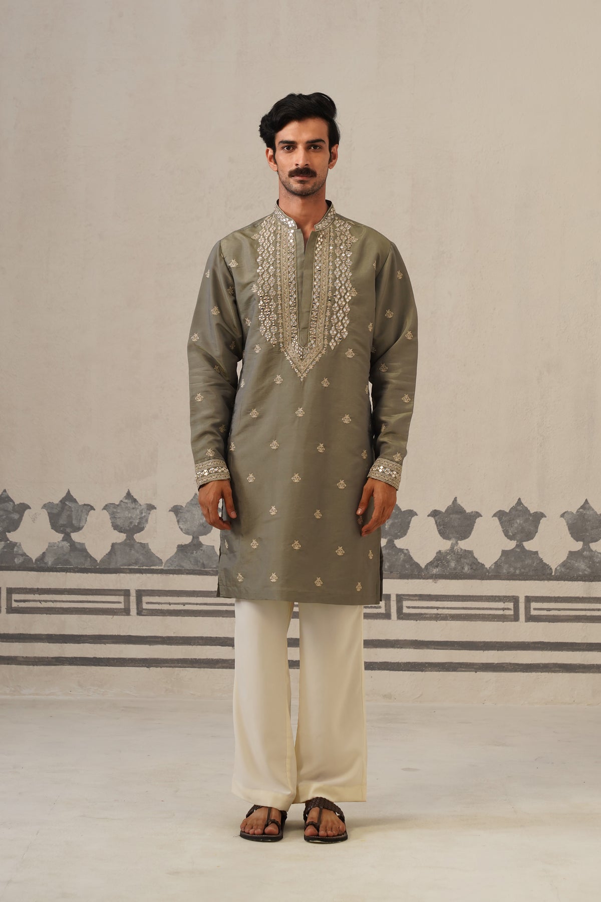 Olive Mirror Neckwork Kurta Set