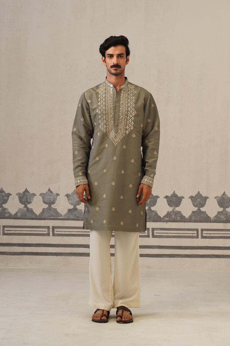 Olive Mirror Neckwork Kurta Set