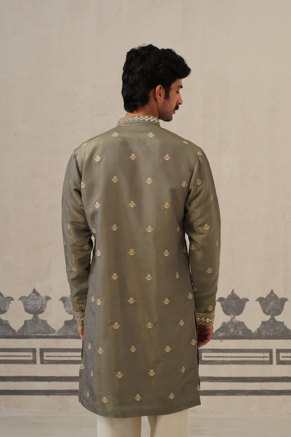Olive Mirror Neckwork Kurta Set