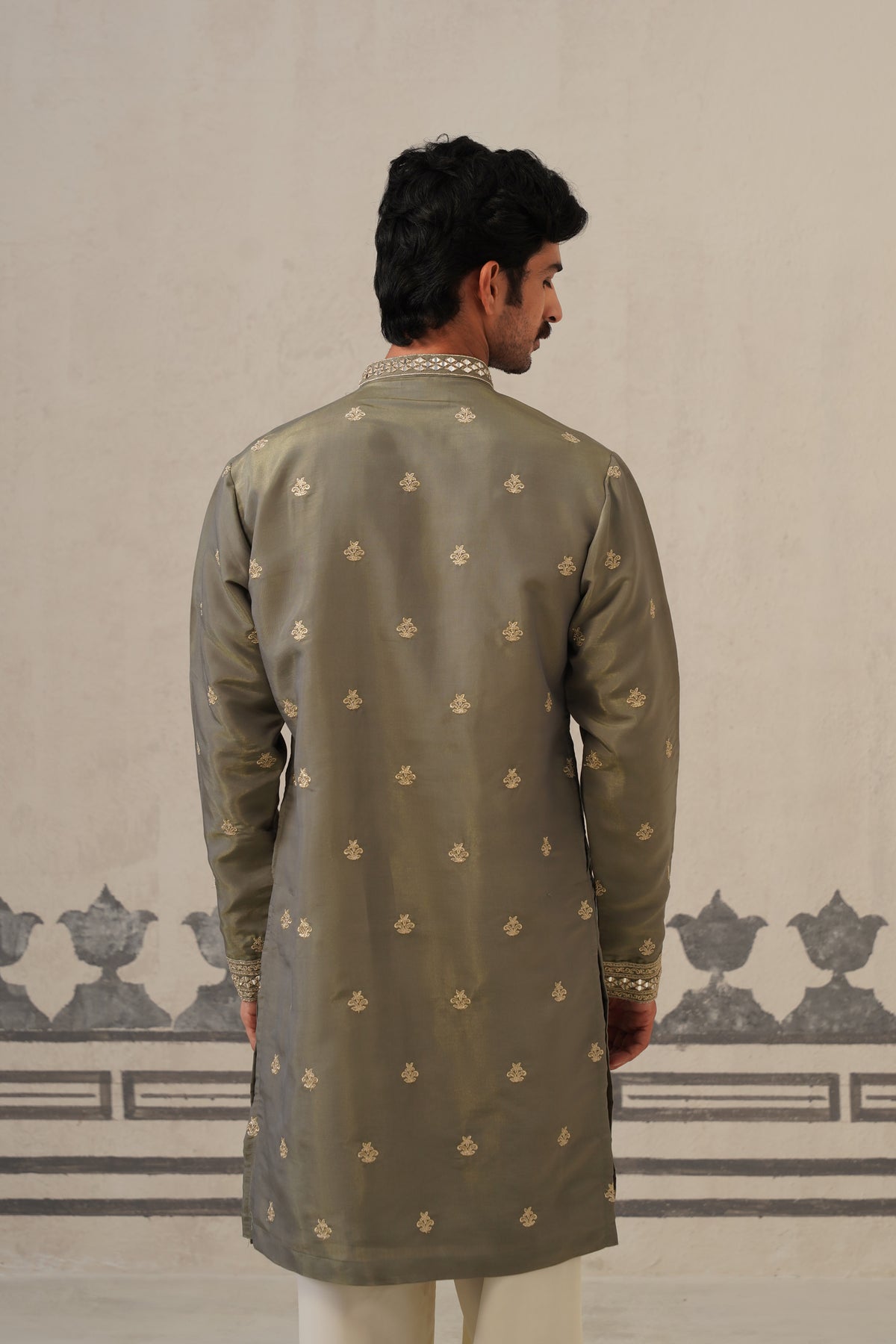 Olive Mirror Neckwork Kurta Set