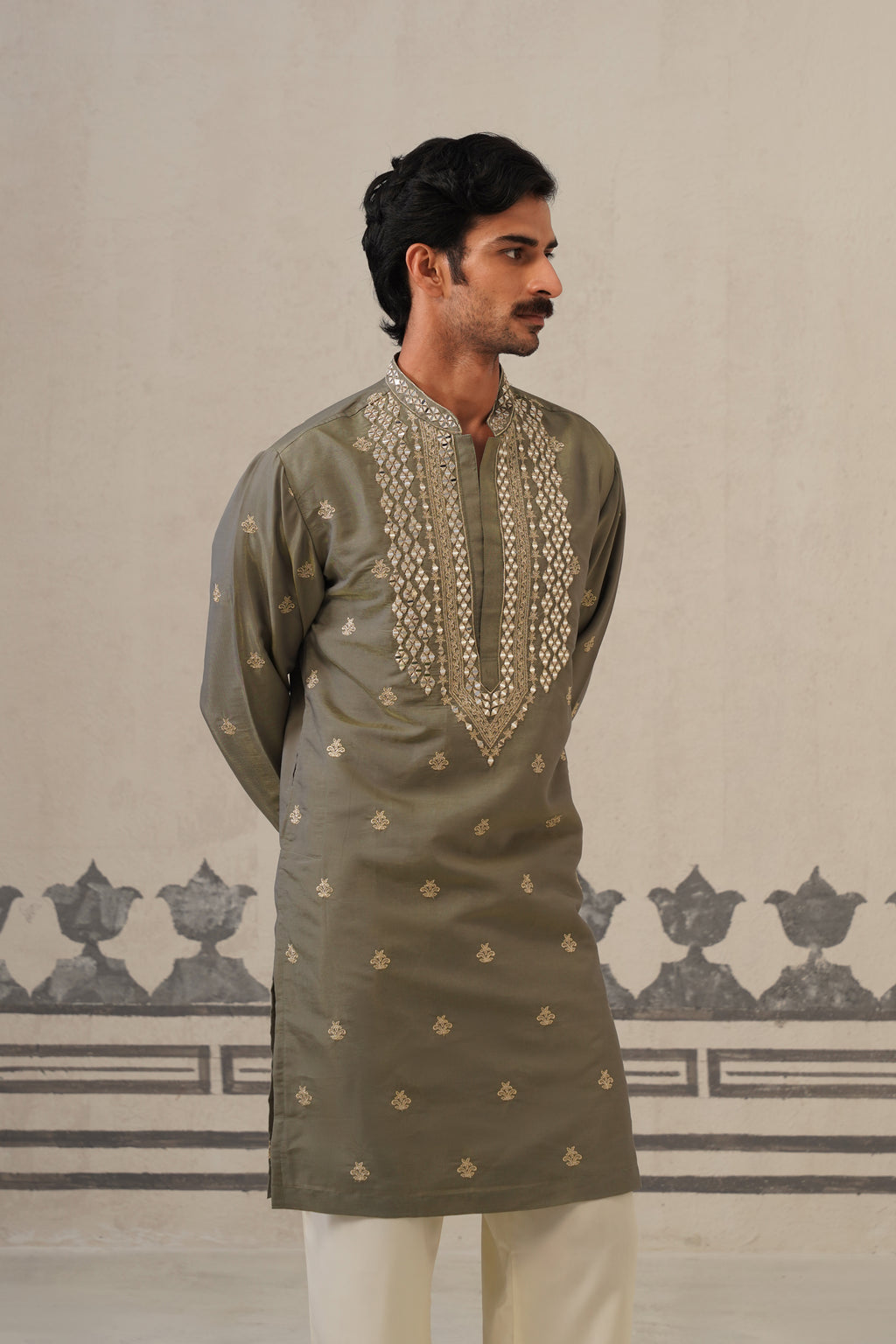 Olive Mirror Neckwork Kurta Set