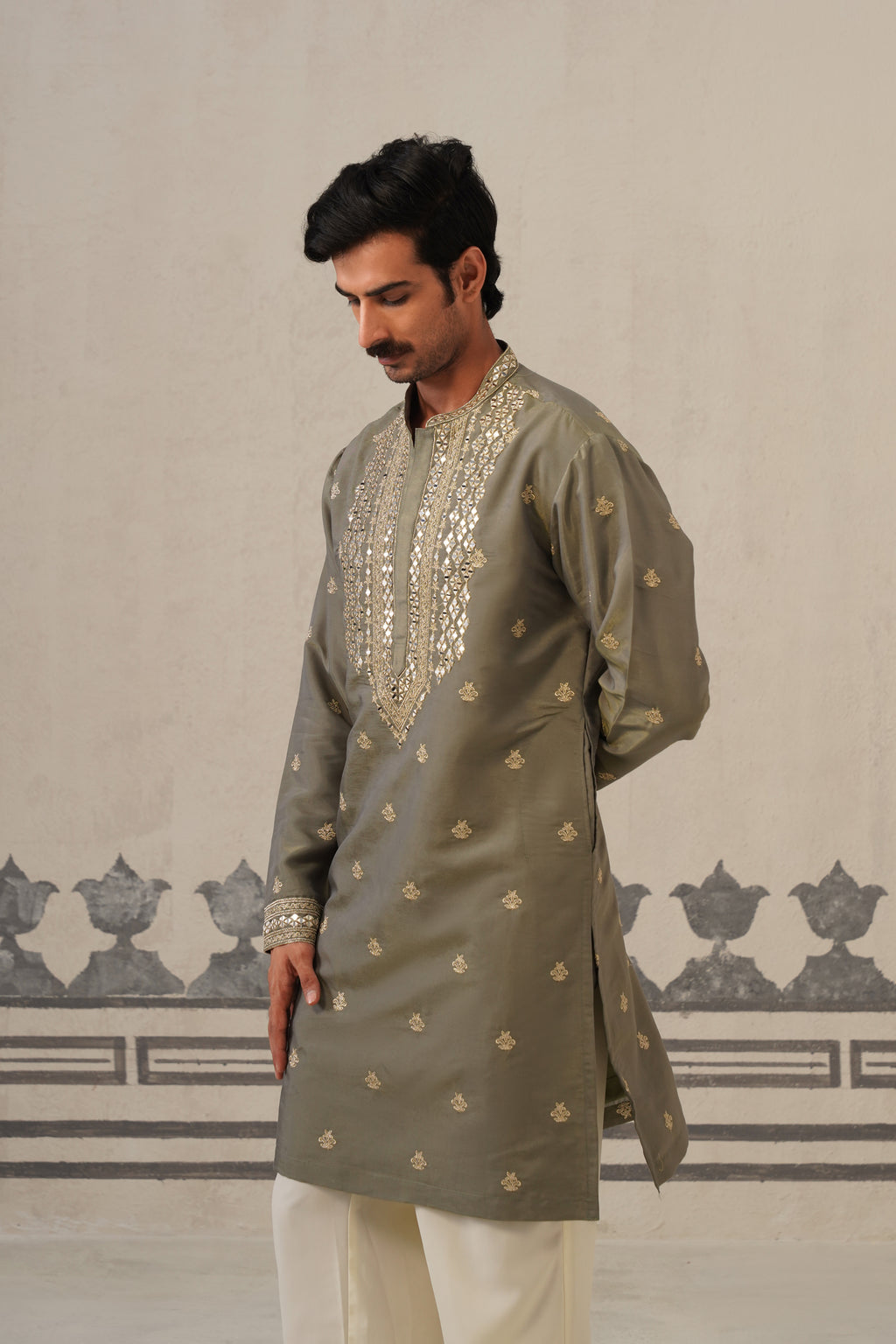 Olive Mirror Neckwork Kurta Set