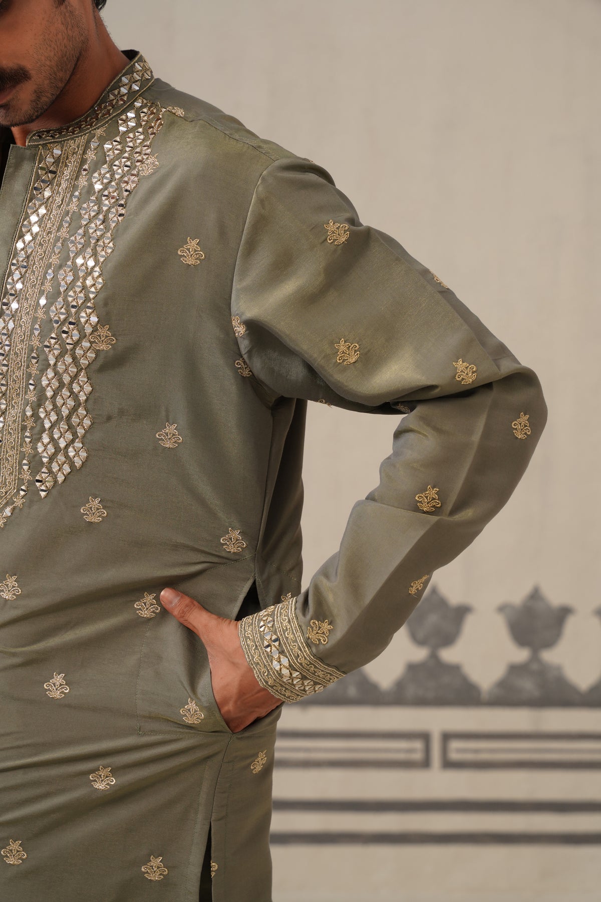 Olive Mirror Neckwork Kurta Set