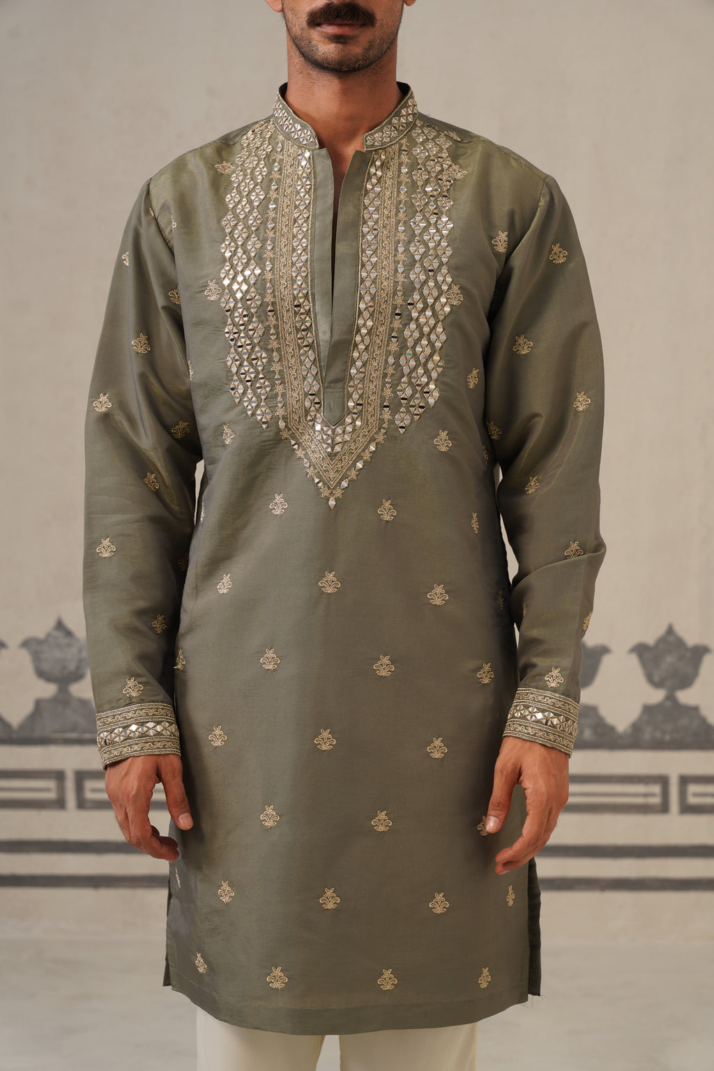 Olive Mirror Neckwork Kurta Set