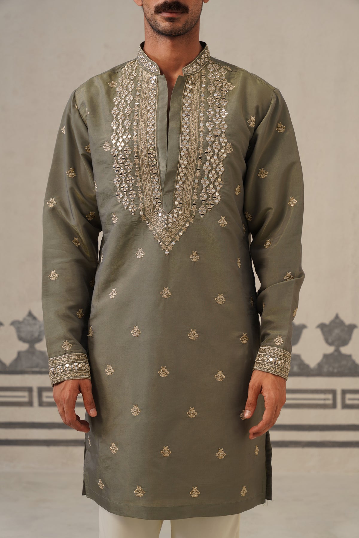 Olive Mirror Neckwork Kurta Set