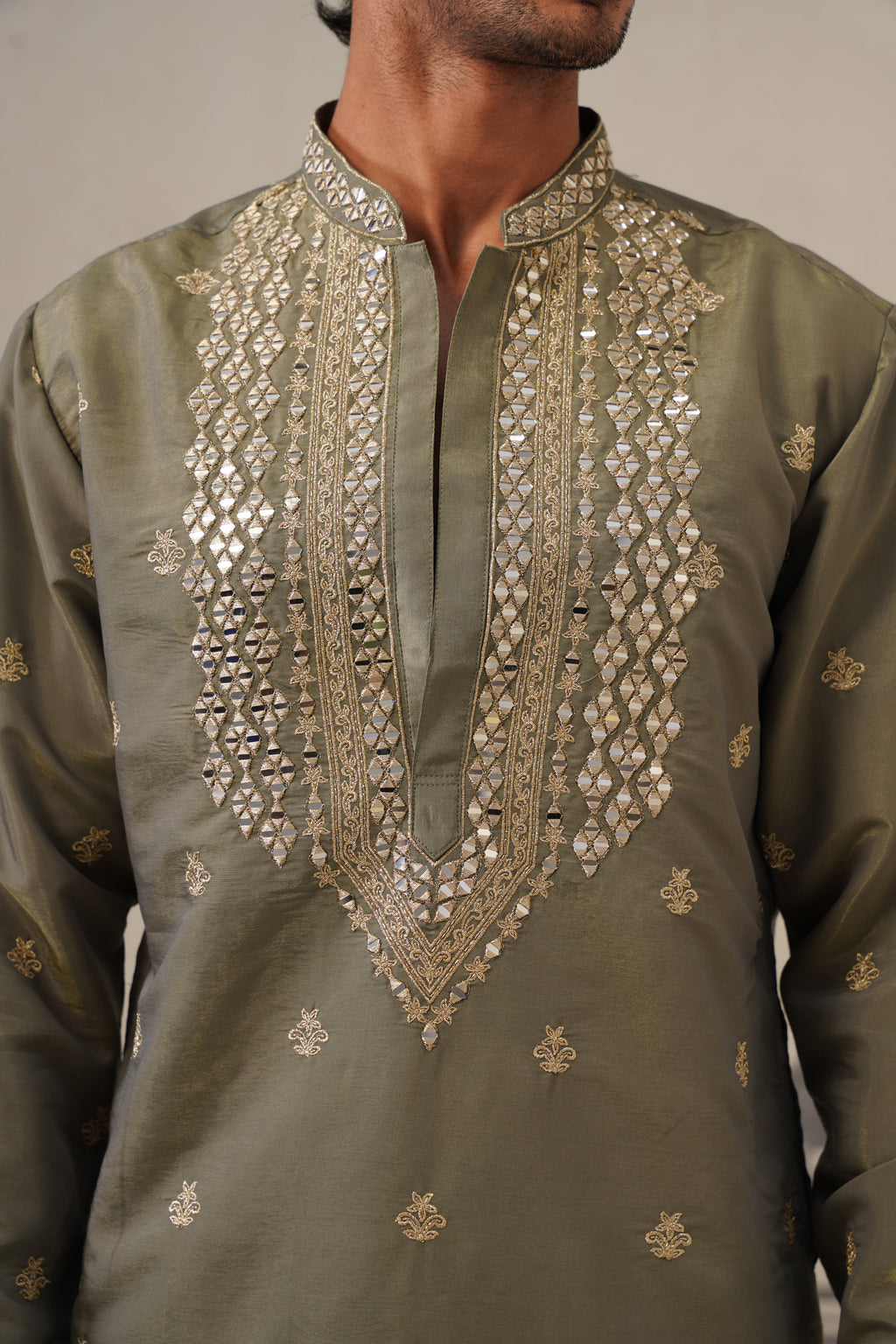 Olive Mirror Neckwork Kurta Set