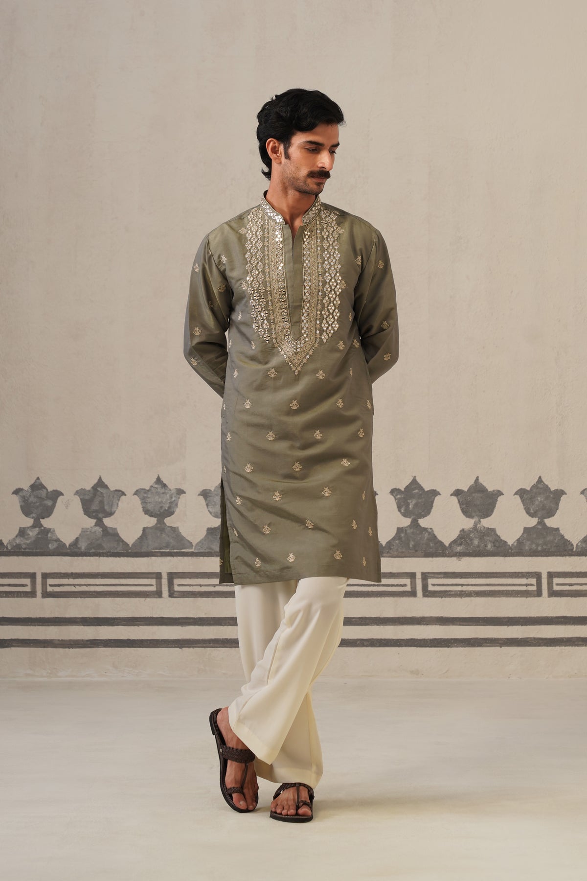Olive Mirror Neckwork Kurta Set