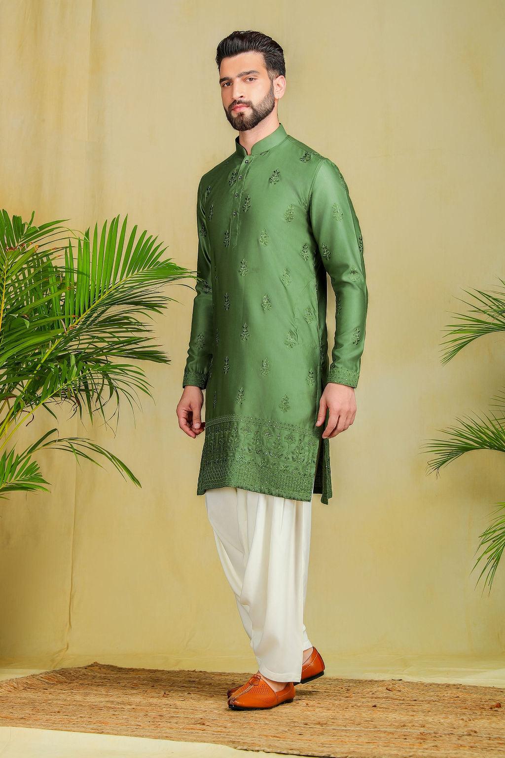 Olive green Pathani Set - The Absolute House Of Design 